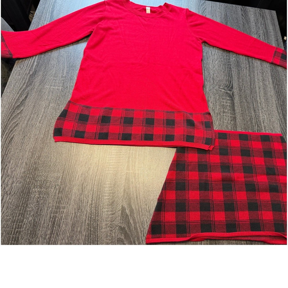 Pina Rossi Red Buffalo Plaid 2Pc Knit Skirt Set Preppy‎ Holiday Womens L Christm